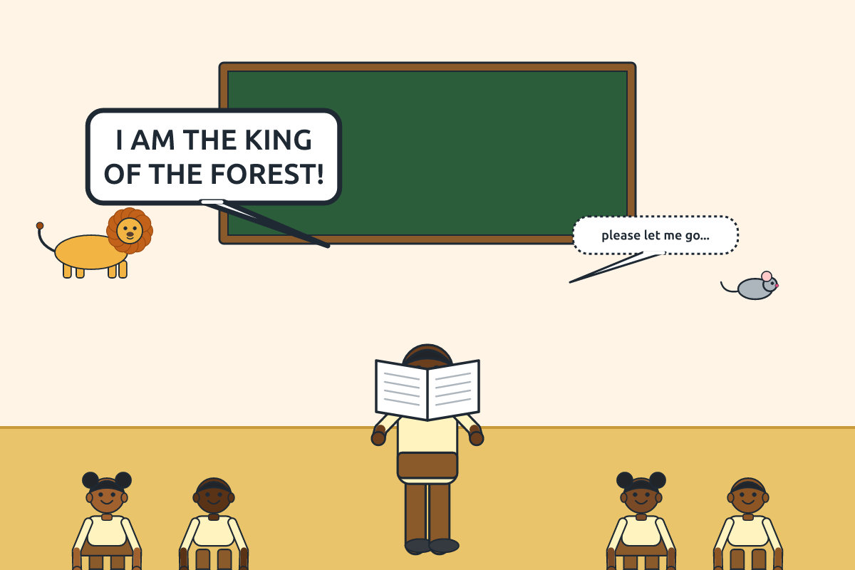 A child reading aloud with speech bubbles in different voice styles for a lion and a mouse