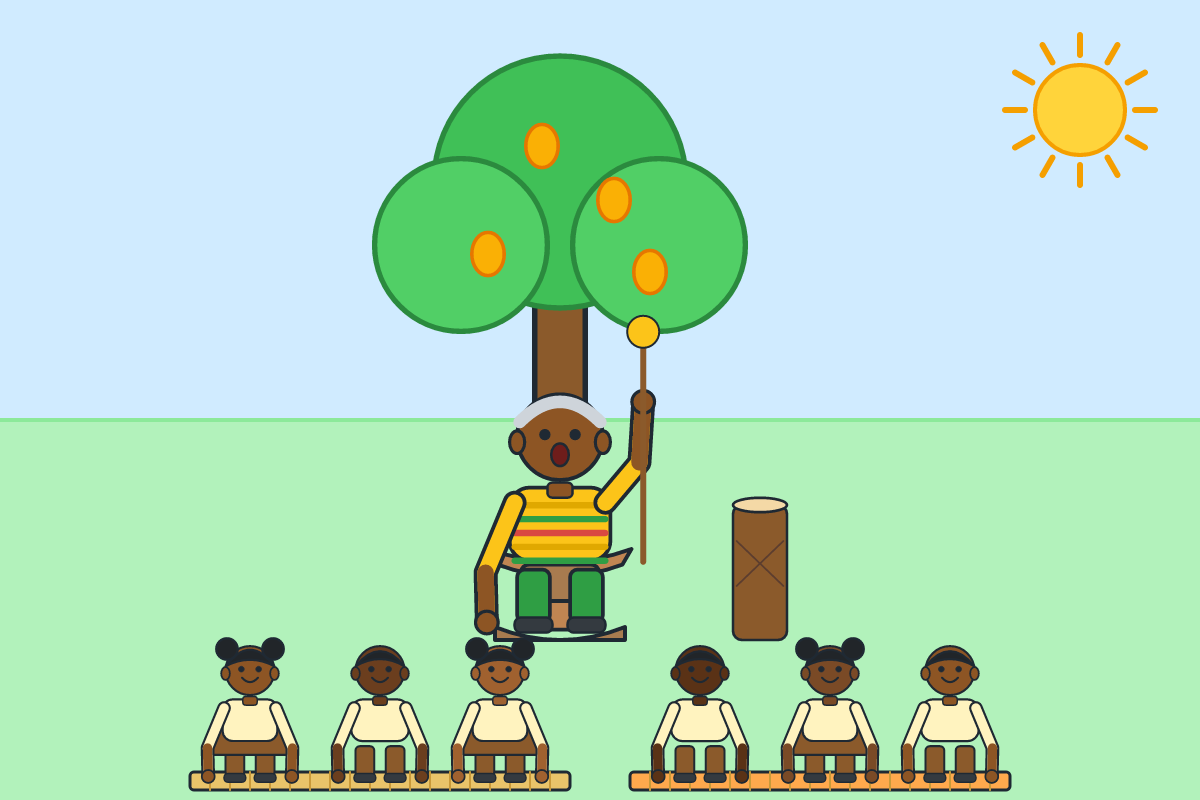 An elder telling children the history of their people under a tree