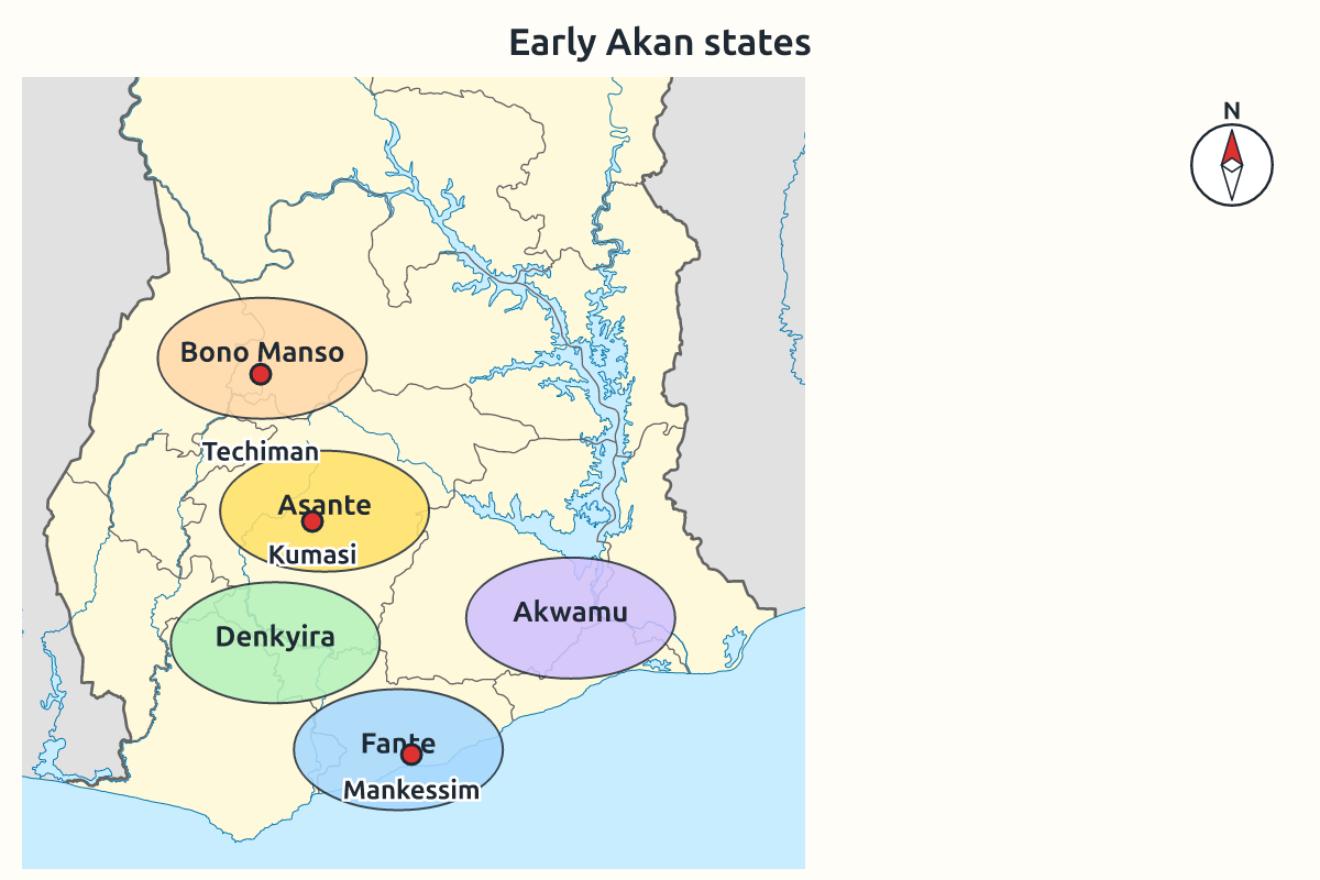 Map of Ghana showing early Akan states
