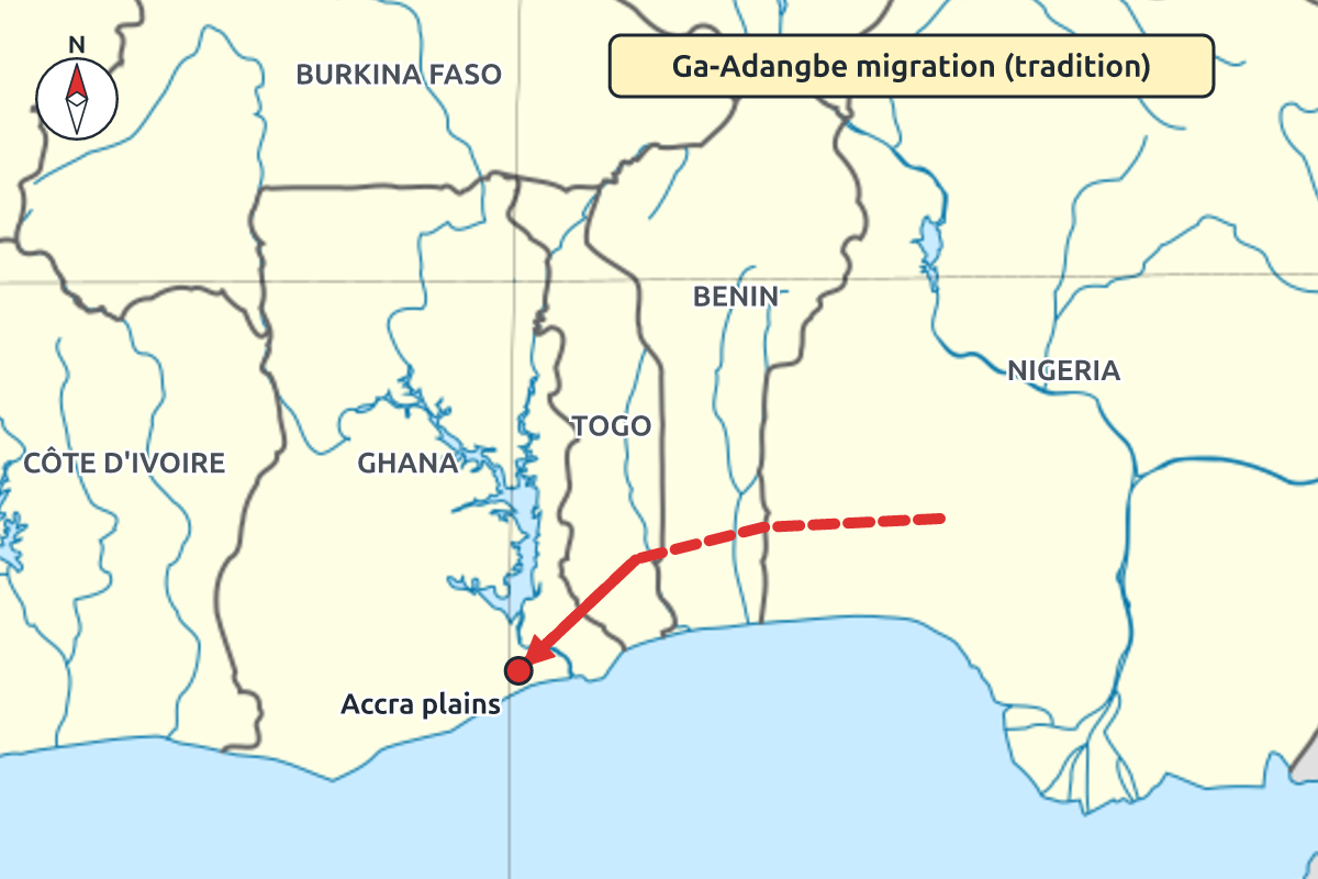 Map showing the Ga-Adangbe migration route from the east to the Accra plains