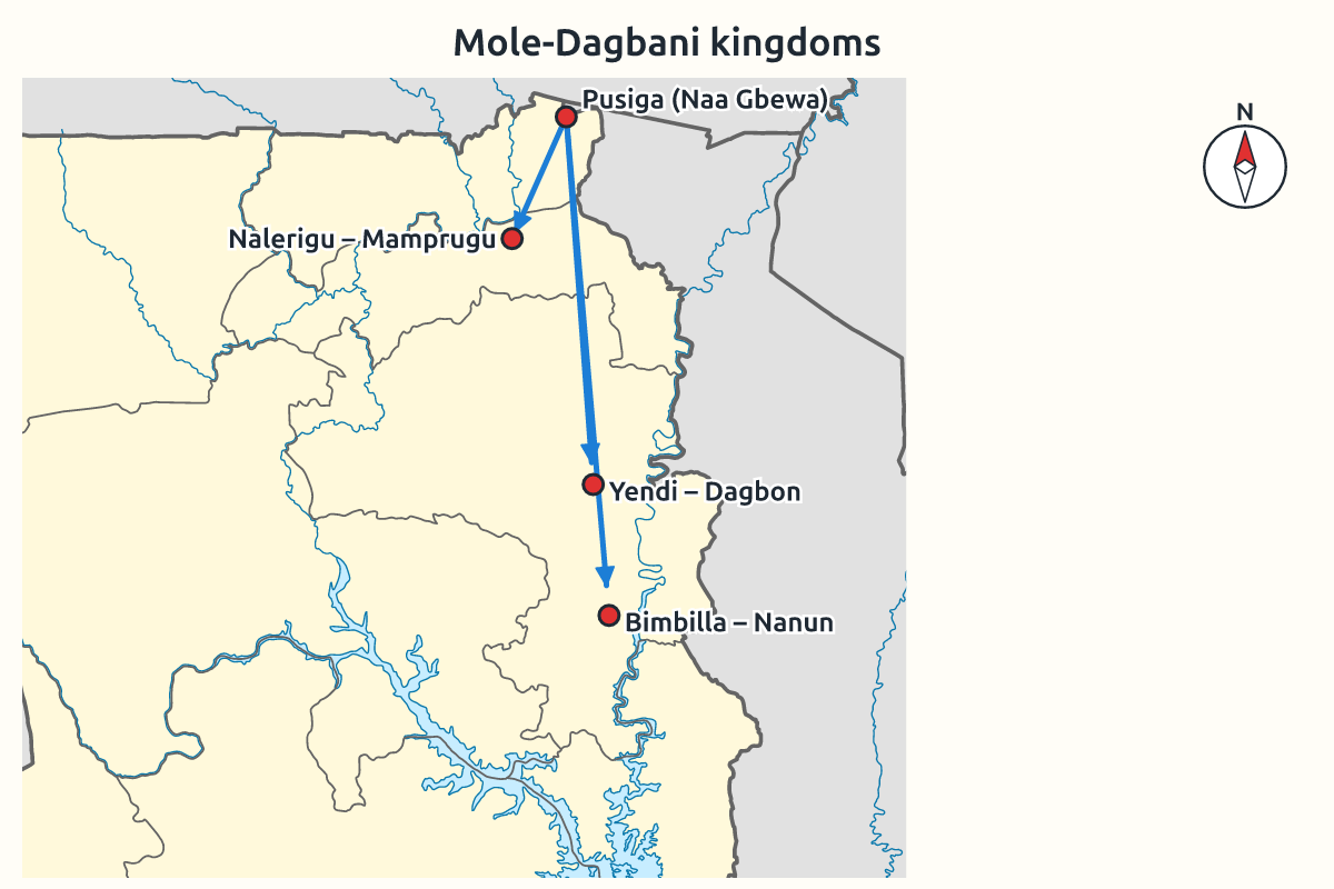 Map of northern Ghana showing Pusiga, Yendi, Nalerigu and Bimbilla