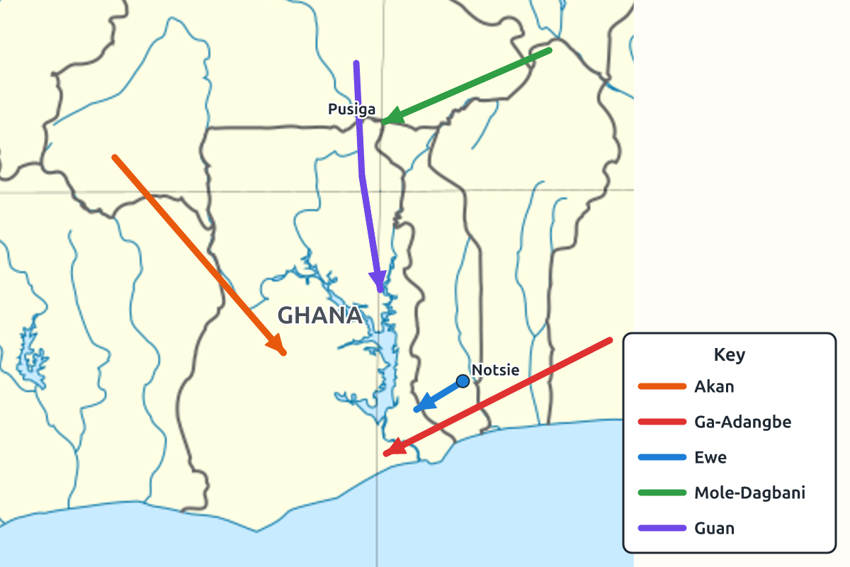 Map of Ghana with arrows showing the traditions of origin of five groups