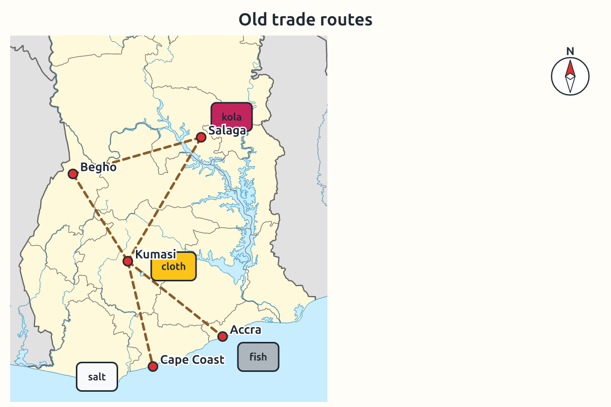 Map of Ghana showing old trade routes between Salaga, Kumasi, Begho and the coast