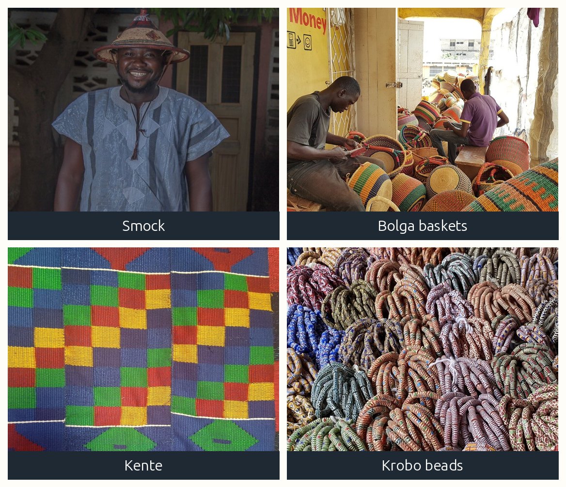 A smock, a Bolga basket, kente cloth and Krobo beads