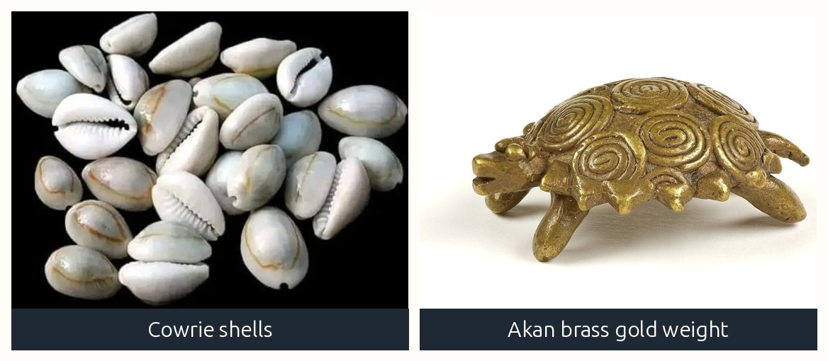 Cowrie shells and Akan brass gold weights