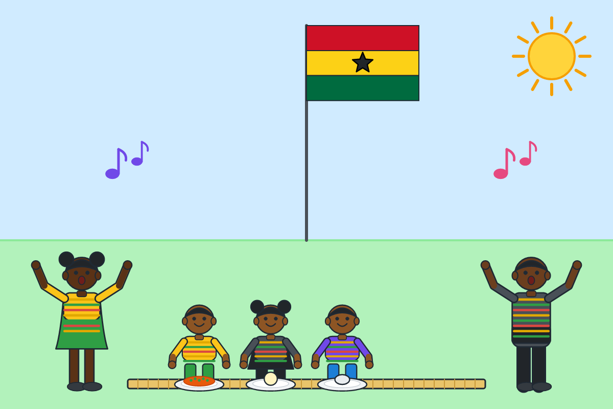 Children wearing kente and smocks sharing food and dancing together