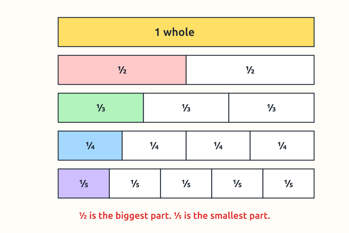 A fraction wall comparing ½, ⅓, ¼ and ⅕