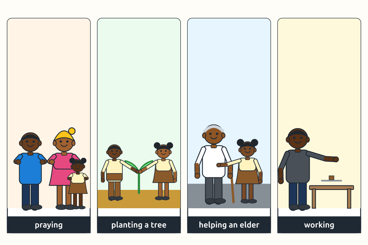 People praying, planting trees, helping each other and working