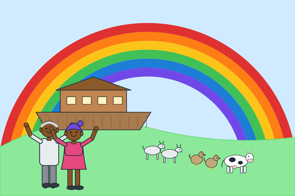 Noah's ark on land under a rainbow with animals leaving