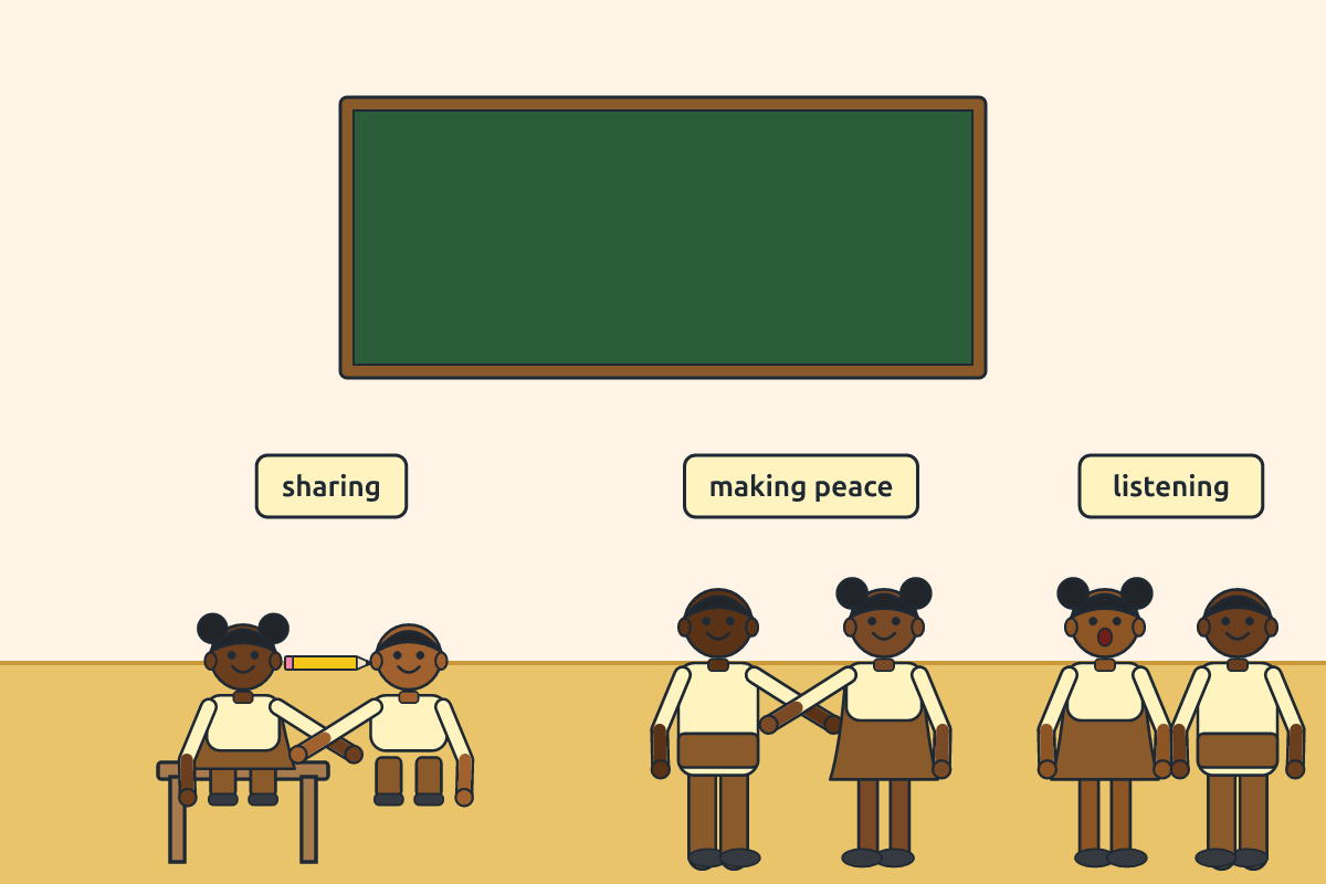 Pupils sharing pencils and talking kindly