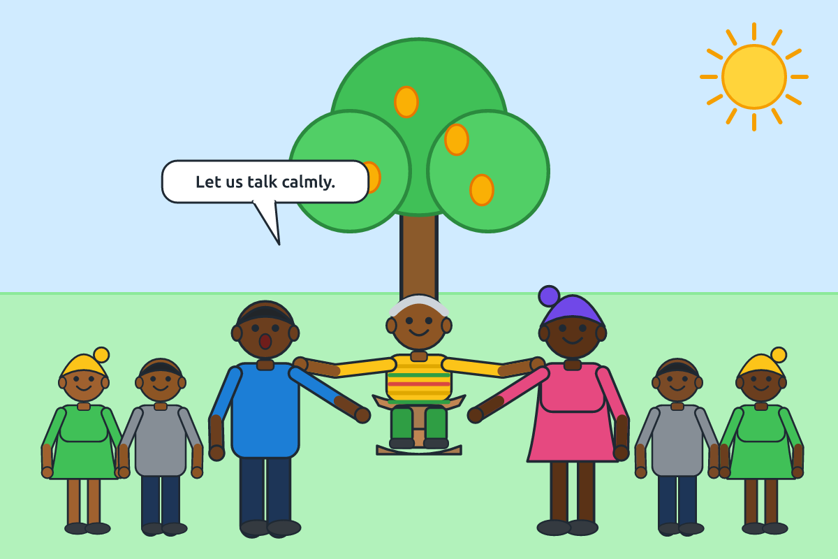 Elders helping two neighbours settle a disagreement under a tree