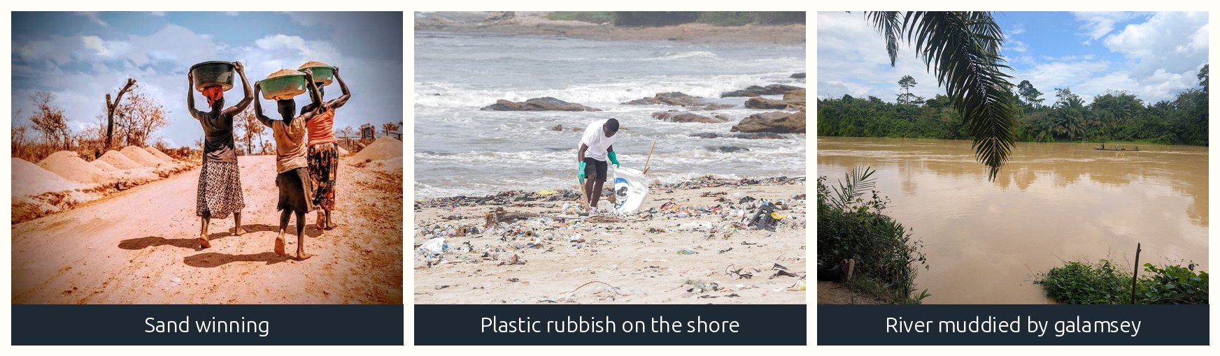 A sand-winning pit, a littered riverbank and a galamsey-polluted river