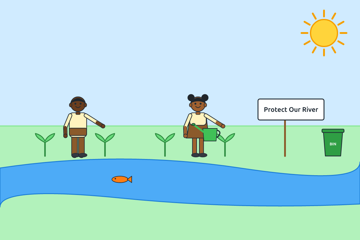 Pupils planting trees along a clean river bank