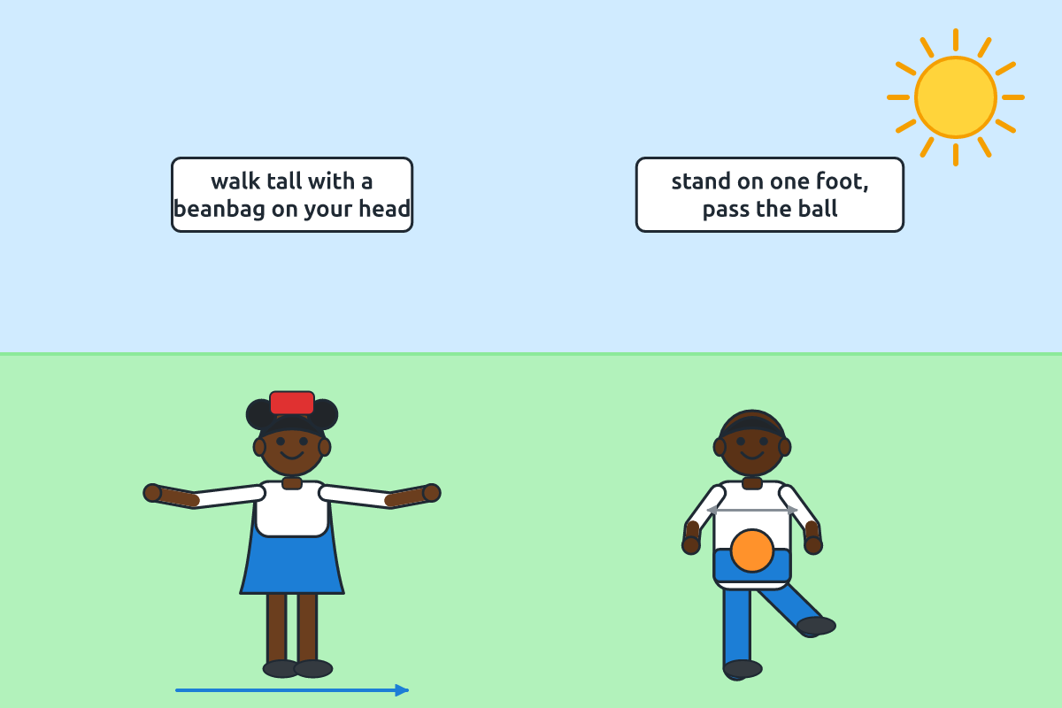A child walking with a beanbag on her head and another passing a ball on one foot