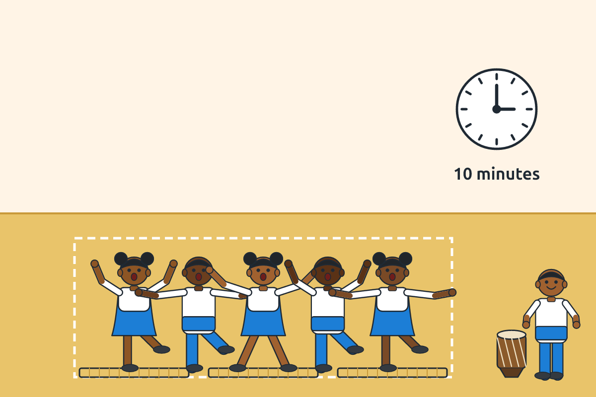 Pupils dancing energetically to a drum with a clock showing ten minutes