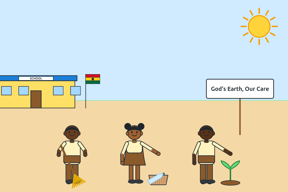 Pupils sweeping, picking rubbish and planting seedlings at school