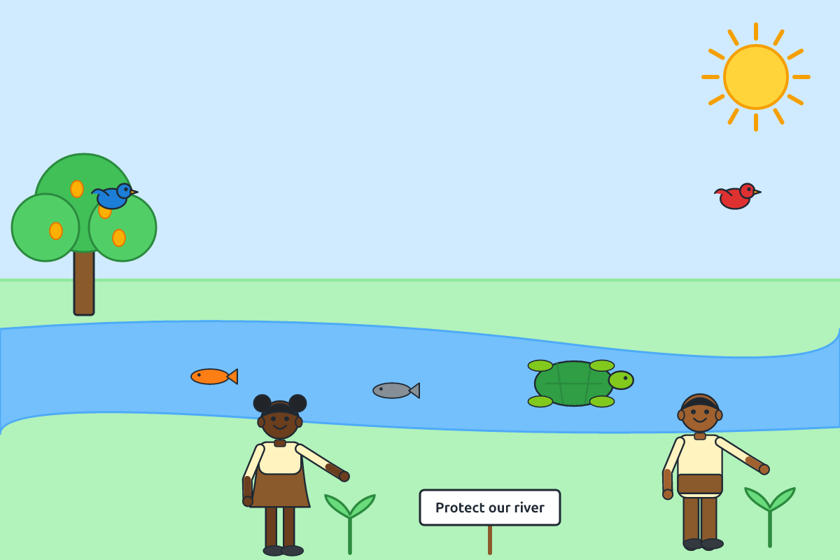 A clean river with fish, a turtle and birds, and children planting trees on its bank