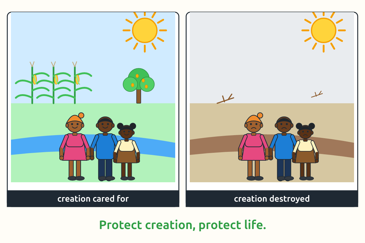 A healthy farm, clean river and happy family beside a polluted bare land