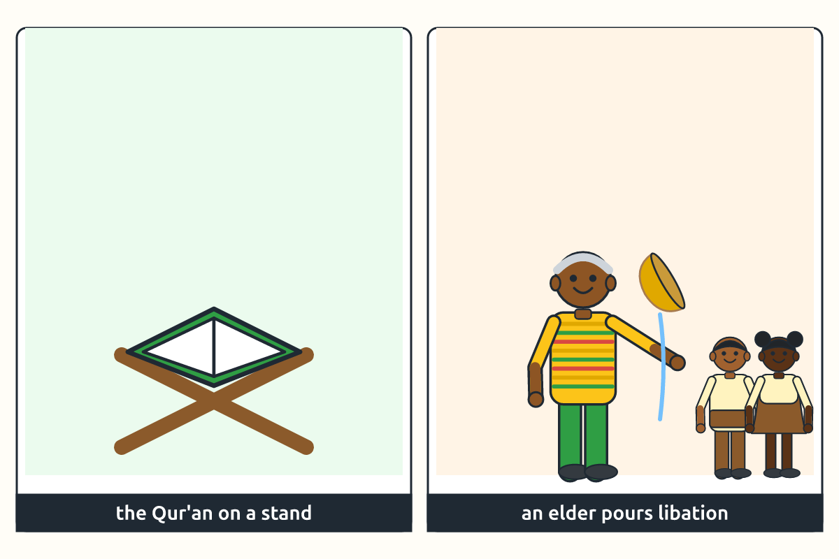 A Qur'an on a wooden stand beside an elder telling stories