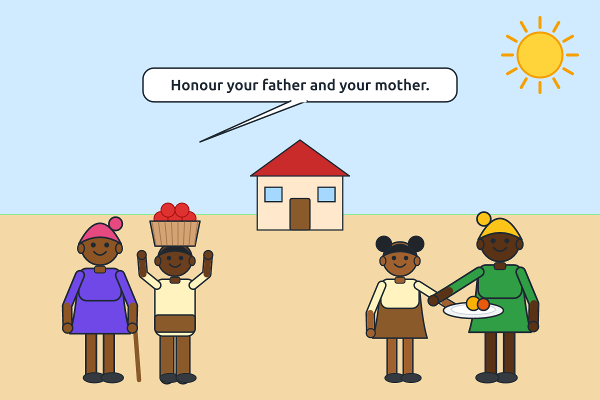 A child helping an elderly parent and sharing food with a neighbour