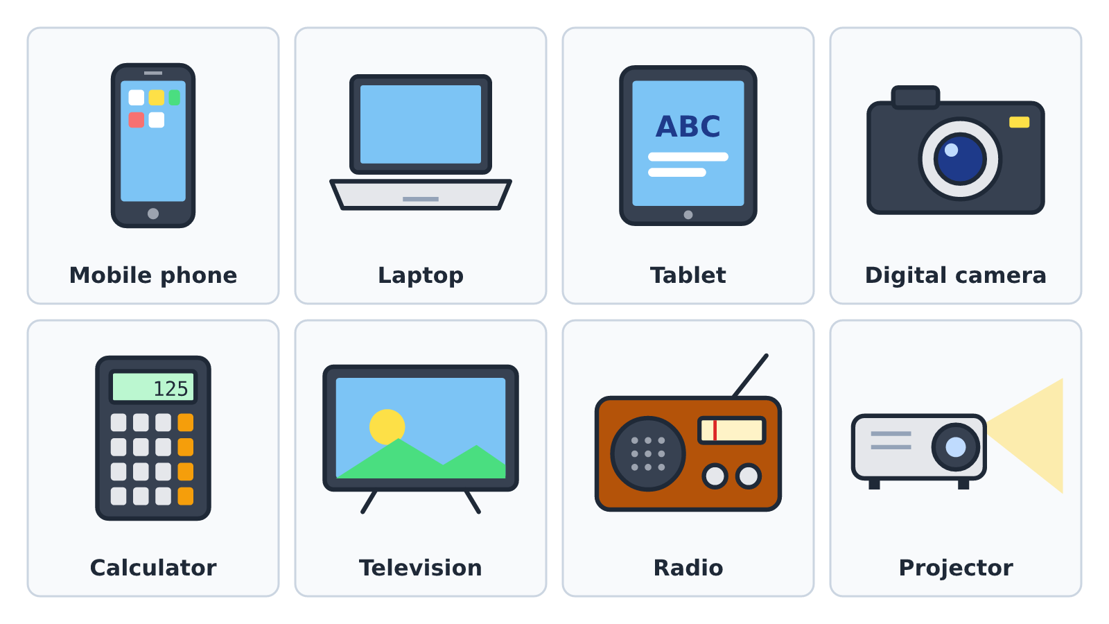 Illustrations of a mobile phone, laptop, tablet, digital camera, calculator, television, radio and projector