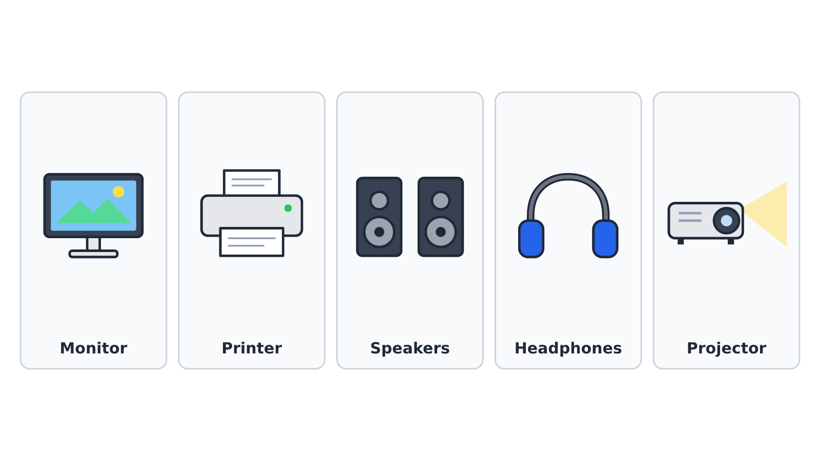 Illustrations of a monitor, printer, speakers, headphones and projector