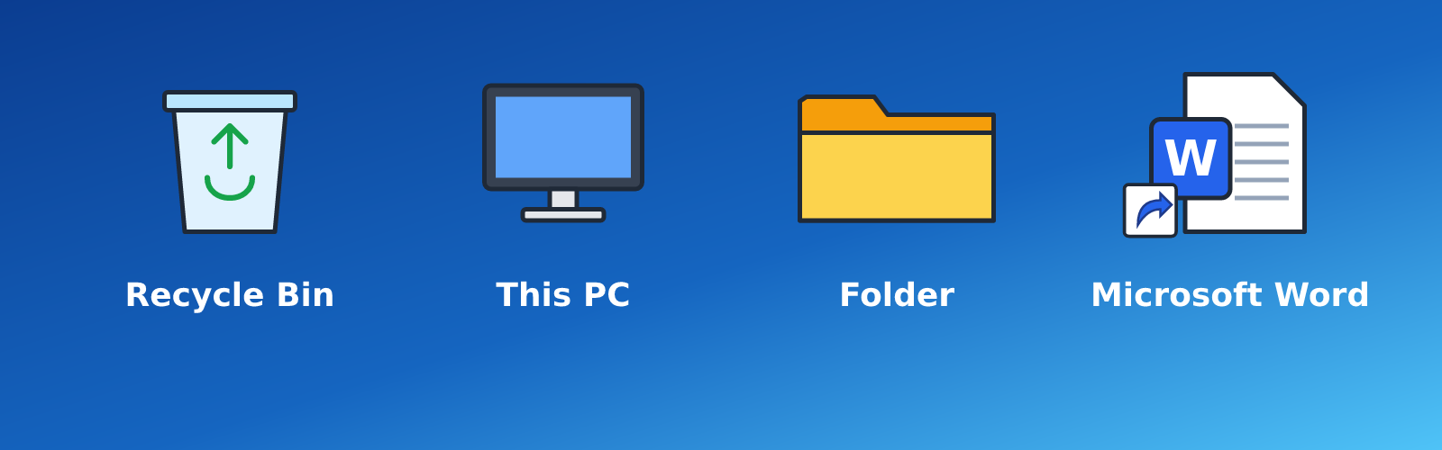 Recycle Bin, This PC, folder and Microsoft Word icons with their names