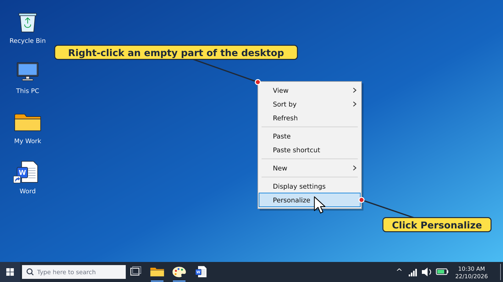Right-click menu on the desktop with Personalize highlighted