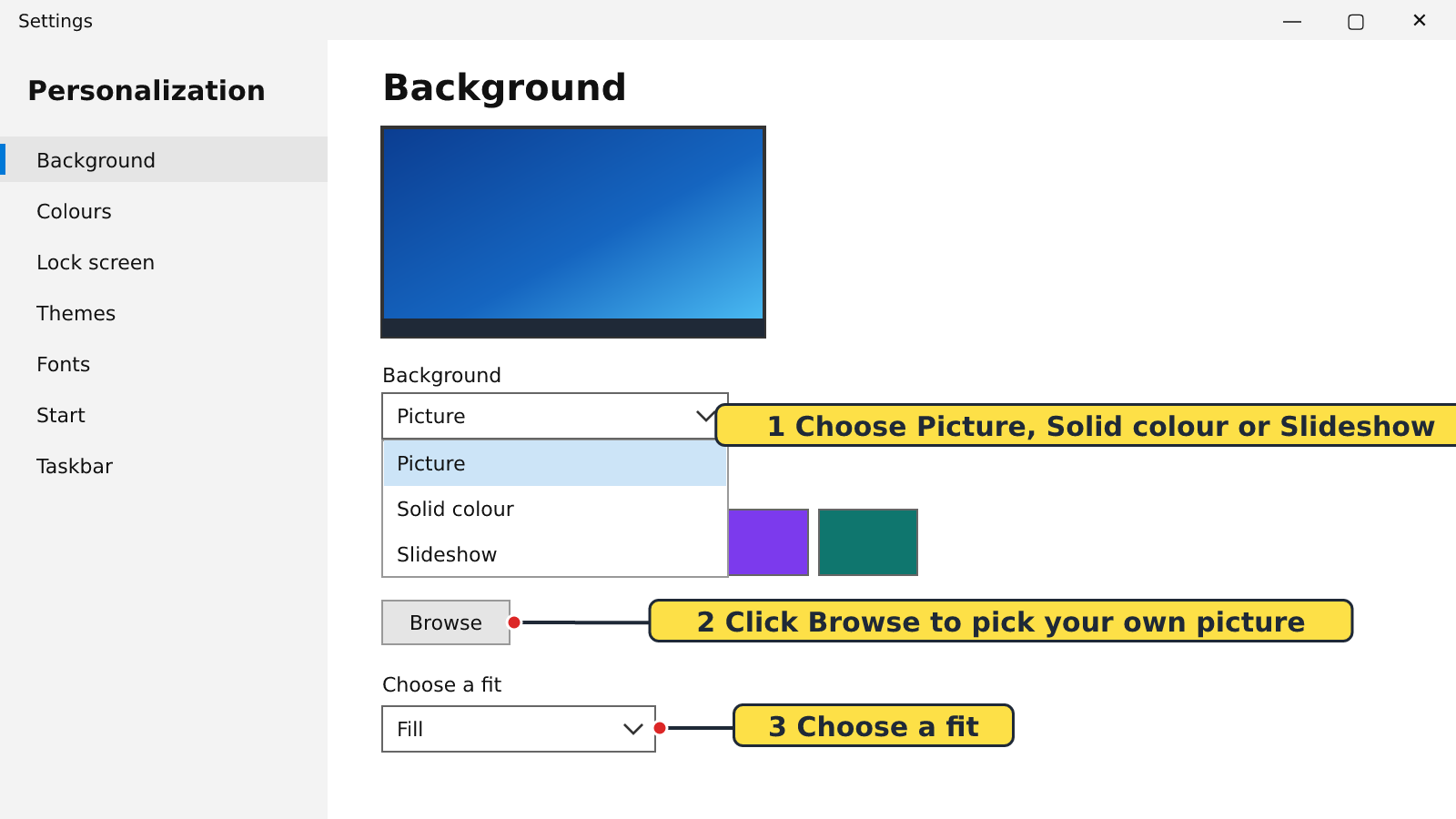 Windows Settings Background page showing Picture, Solid colour and Slideshow options