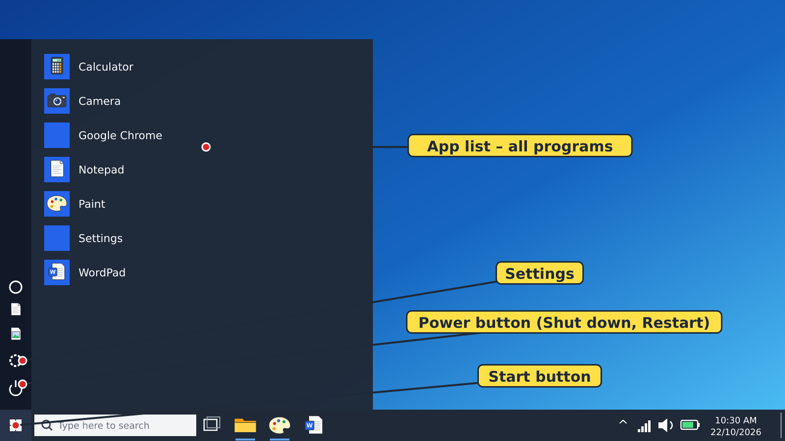 Open Windows Start menu showing the app list and Power button