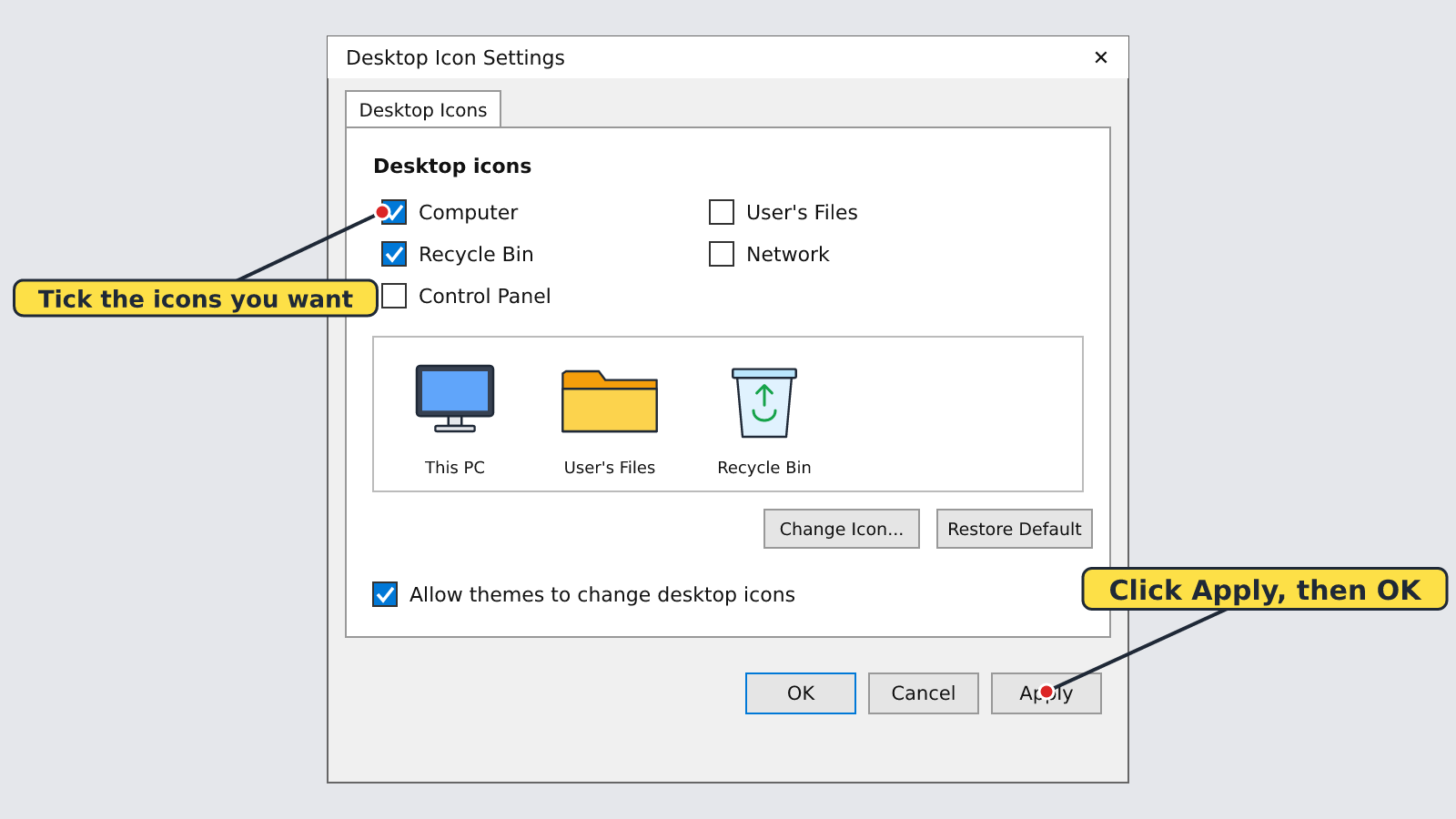 Desktop Icon Settings window with checkboxes for Computer, Recycle Bin, Network