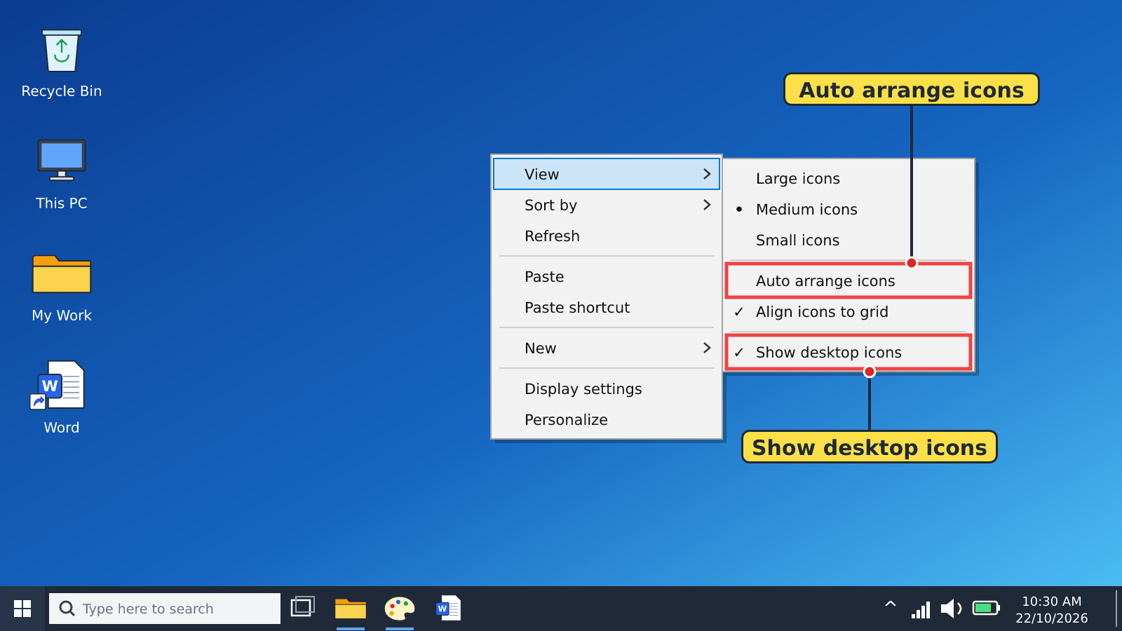 Desktop right-click menu with View open showing Auto arrange icons and Show desktop icons