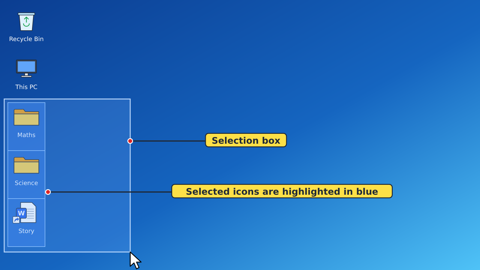 Several desktop icons highlighted in blue inside a selection box