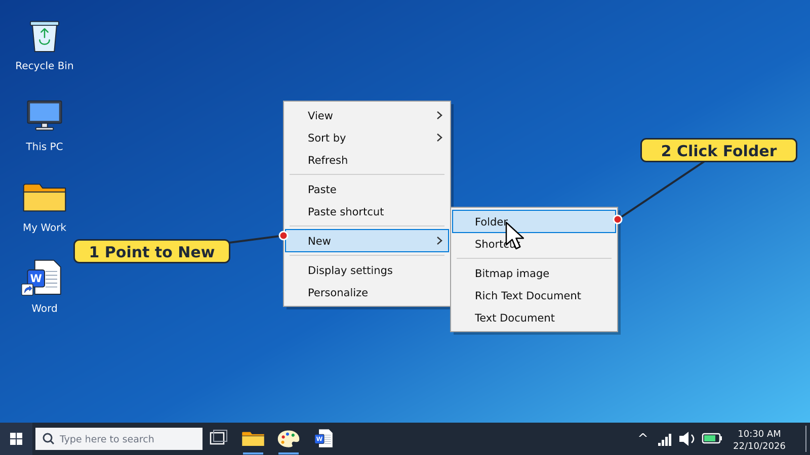 Desktop right-click menu with New open and Folder highlighted