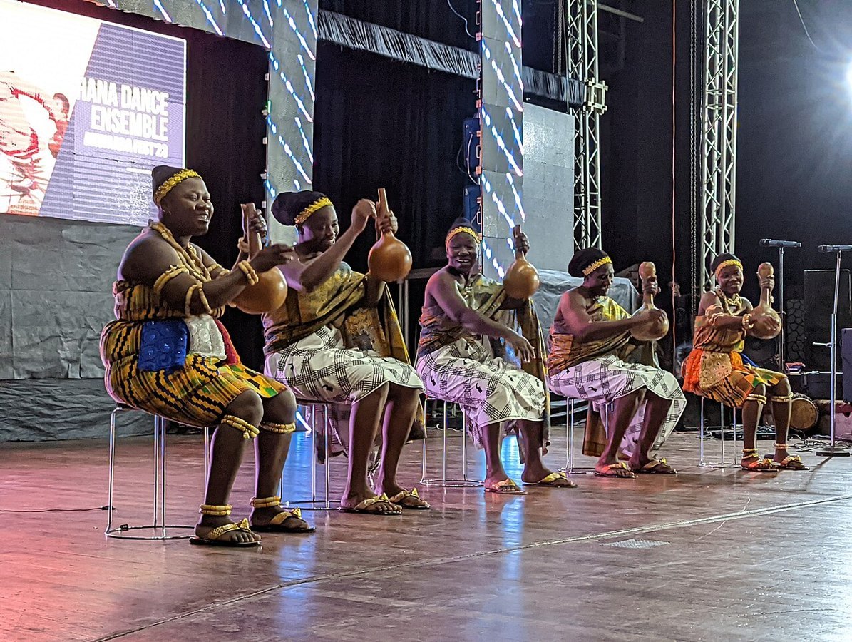 Dancers of the Ghana Dance Ensemble performing a traditional dance