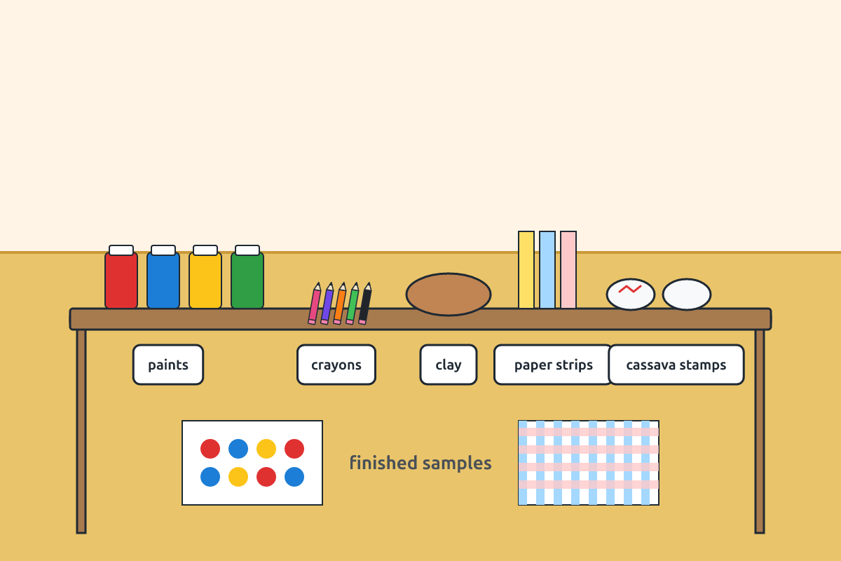 A table with paint, crayons, clay, paper strips and stamps