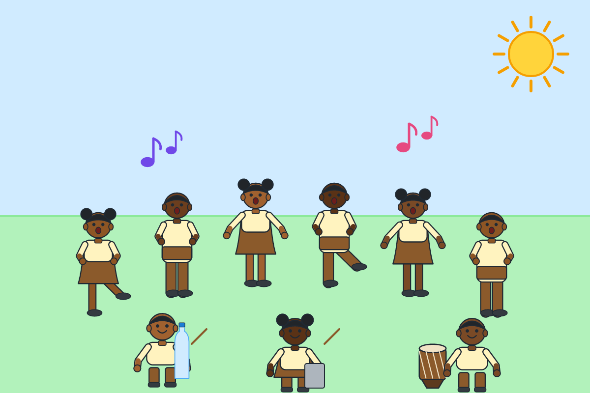 Children making music with clapping, stamping, bottles and drums