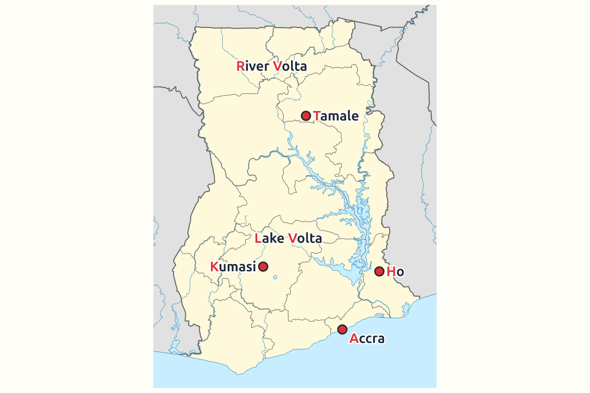 A map of Ghana with town, river and lake names written with capital letters