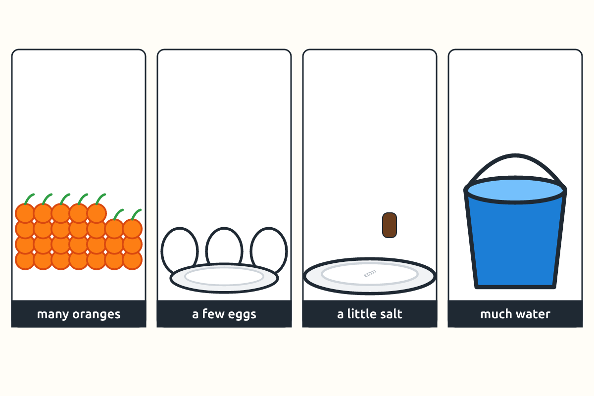 Many oranges, a few eggs, a little salt and much water