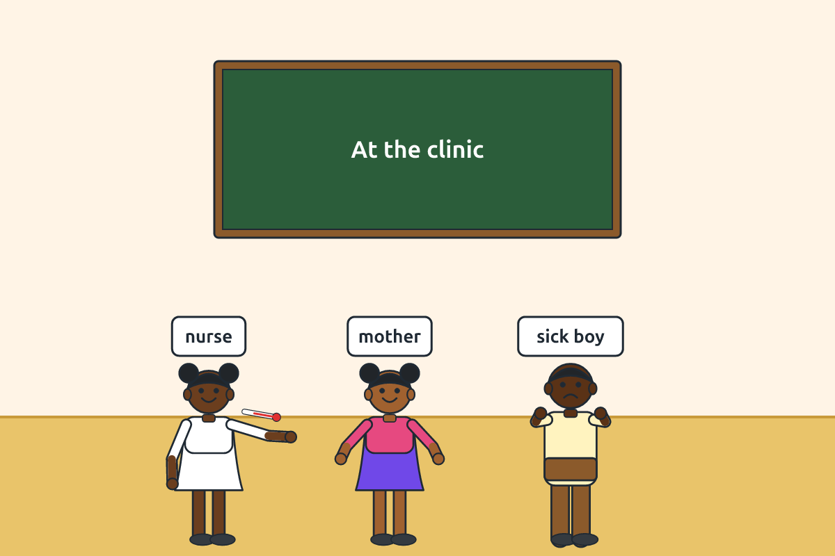 Pupils role-playing a nurse, mother and sick child at a clinic