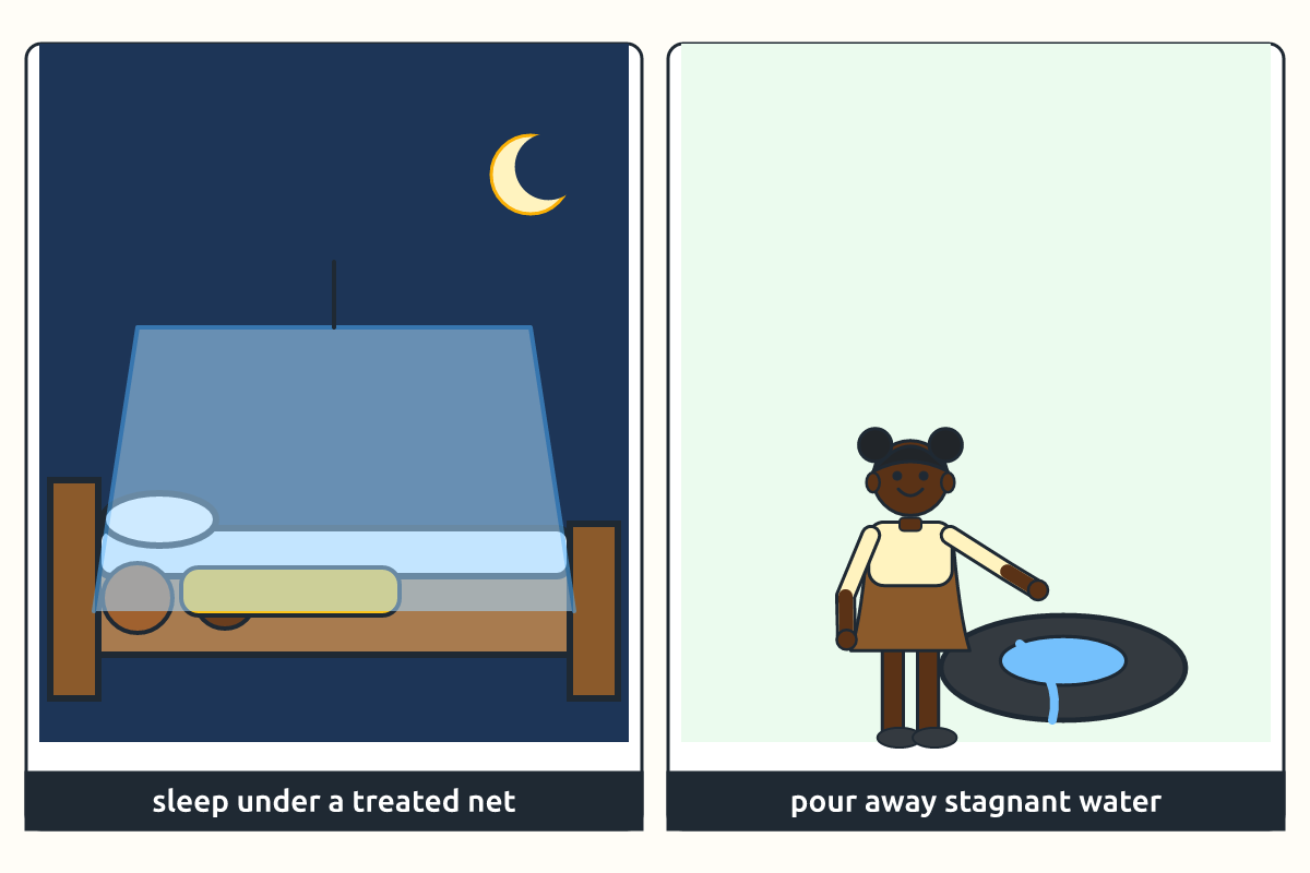 A family sleeping under a treated net and a child clearing stagnant water