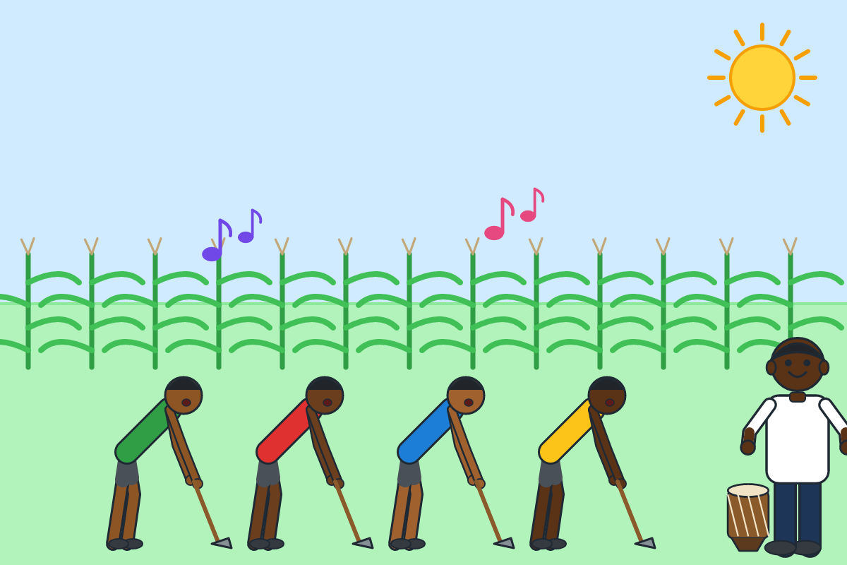 Farmers weeding together in a row while singing