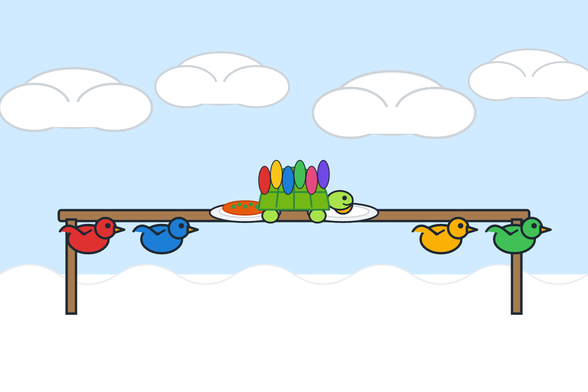 A tortoise with borrowed feathers eating at a feast in the sky while birds watch angrily
