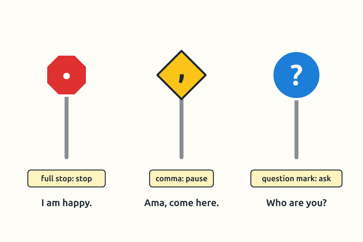 Full stop, comma and question mark shown as traffic signals