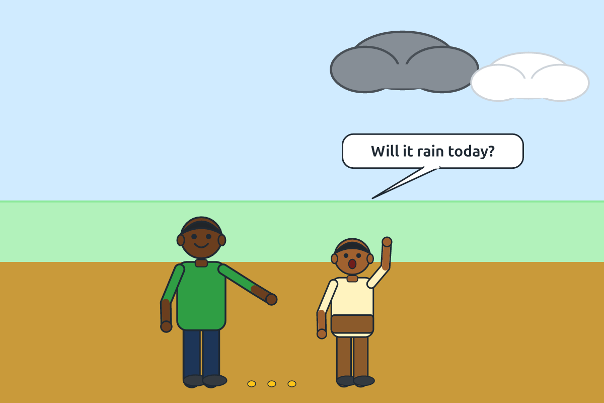 A boy and his father planting at a farm, the boy looking at the sky