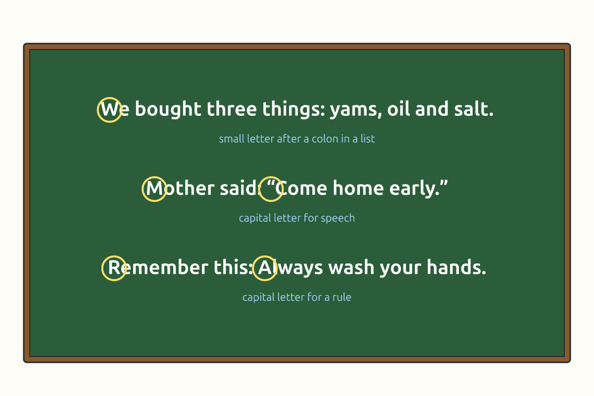 A chalkboard with sentences using colons and capital letters
