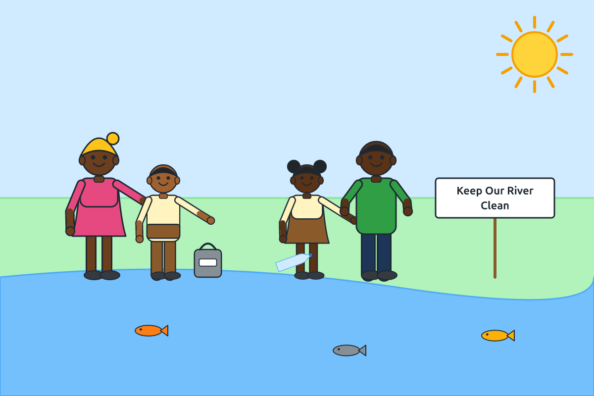 Children and parents cleaning a river bank with a sign Keep Our River Clean