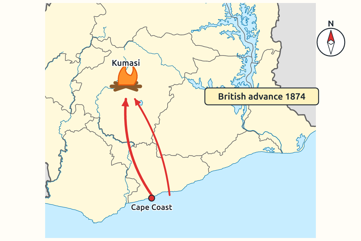 Map showing British advance from the coast to Kumasi in 1874