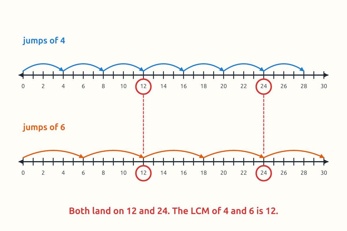Two number lines showing jumps of 4 and 6 meeting at 12 and 24