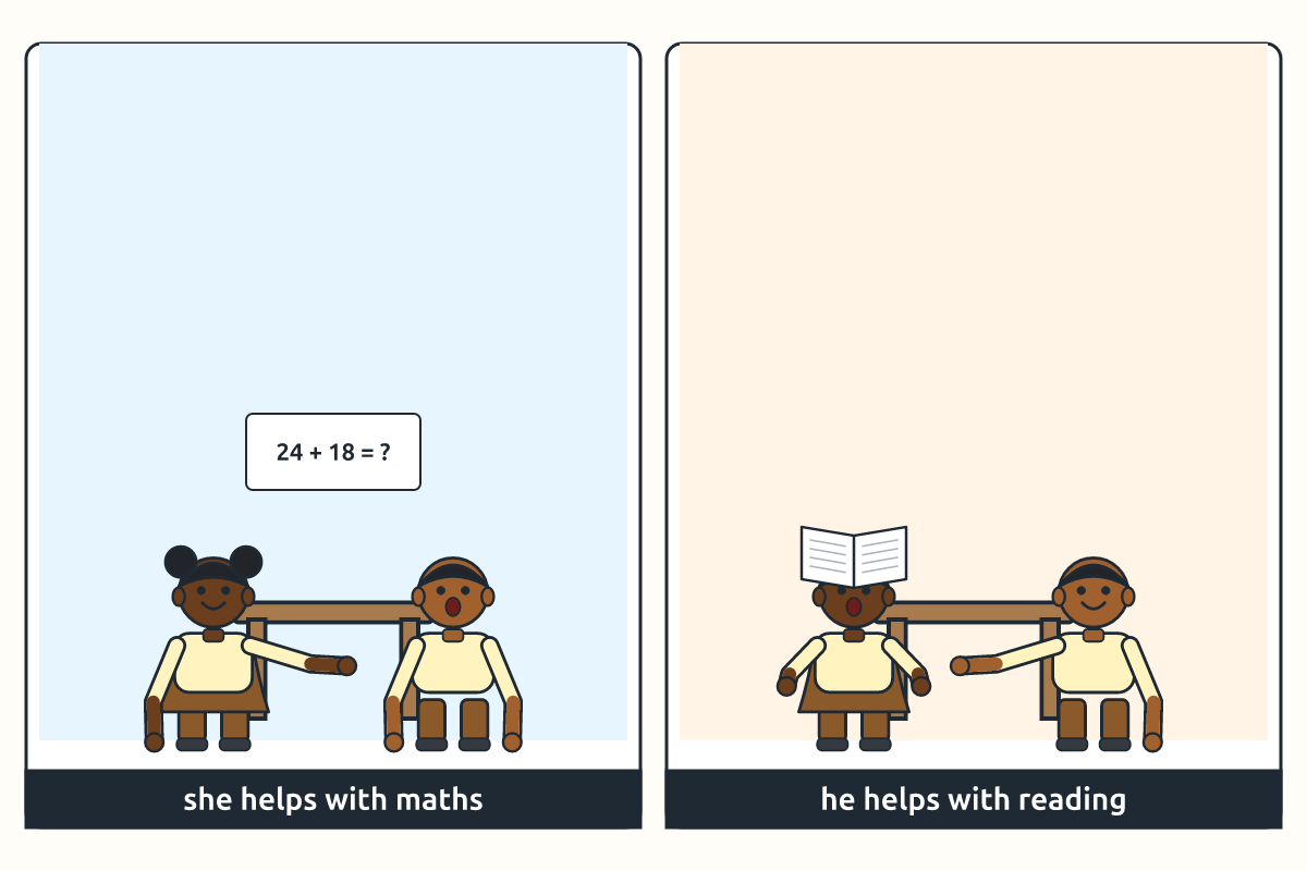 Two pupils helping each other: one with maths, one with reading aloud